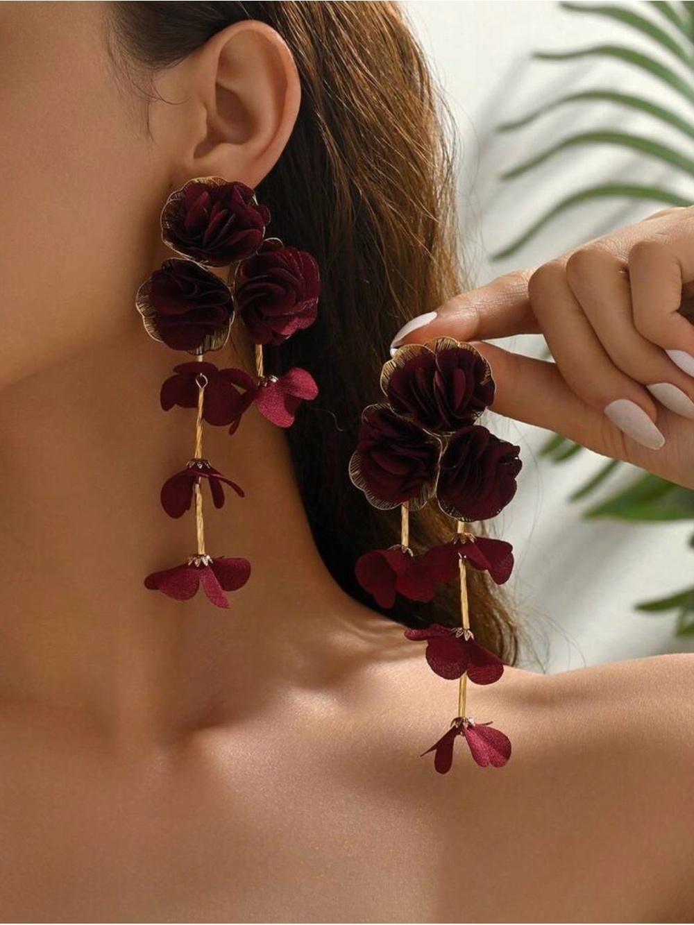 Burgundy Floral Cascade Drop Earrings